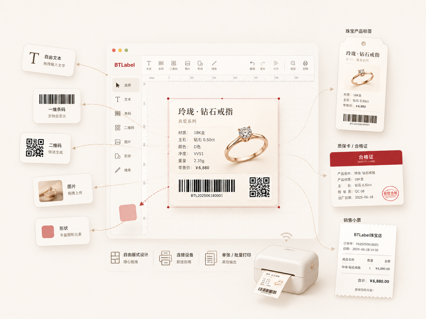 BTLabel 标签设计器中的元素面板、画布、标尺与打印预览界面示意