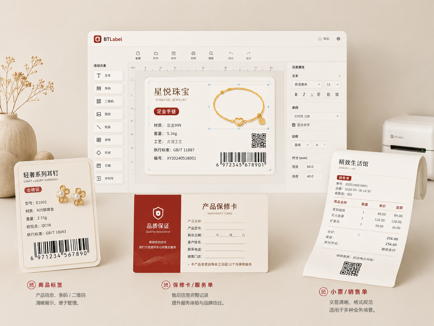BTLabel 标签、质保单与小票三类打印版式