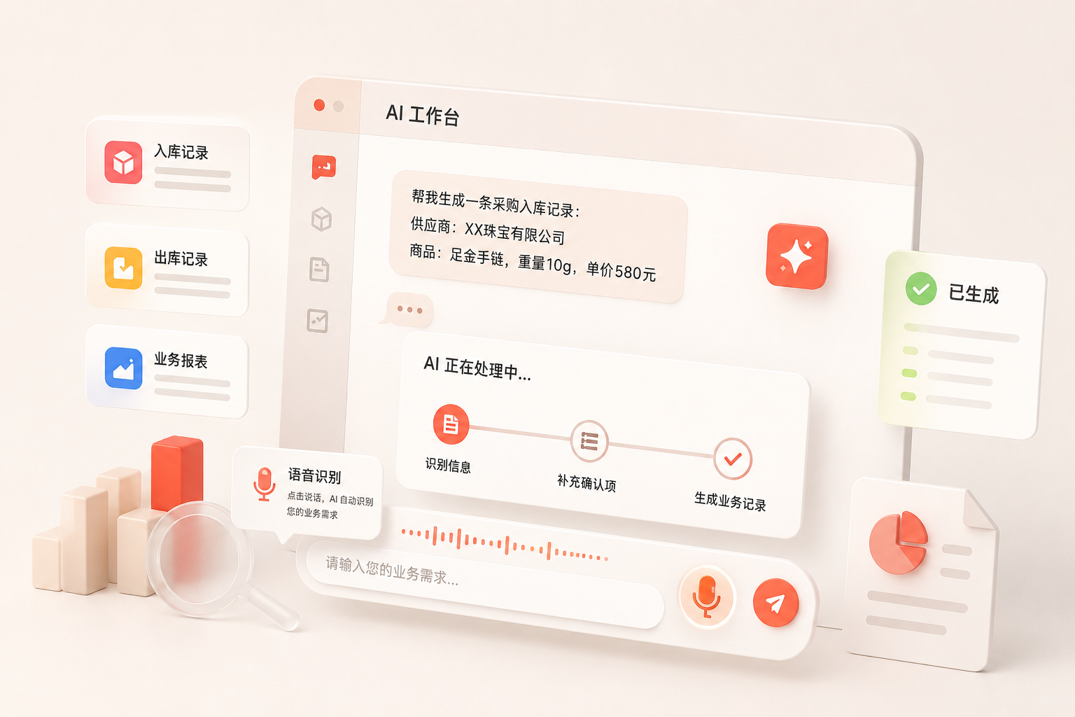 金管家从自然语言描述到待确认业务记录的 AI 工作台界面示意