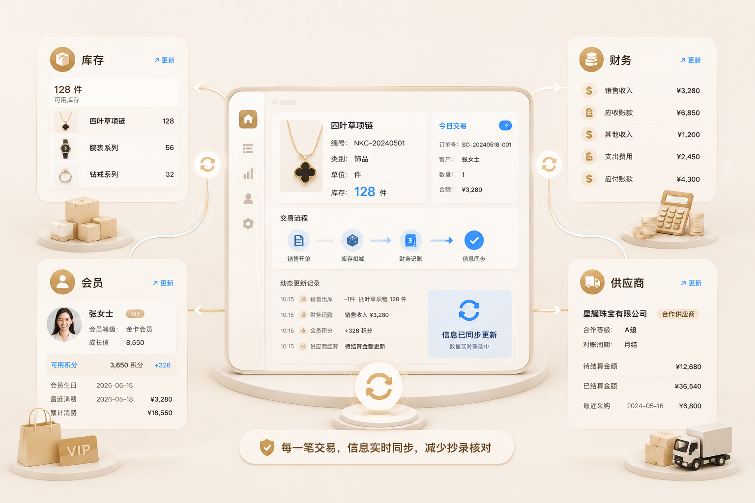 金管家库存、财务、会员与供应商经营管理界面示意
