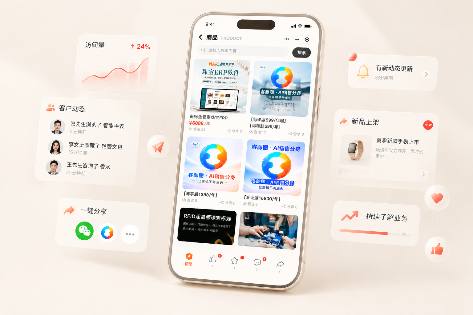 客脉圈商品展示与图文视频动态页面示意