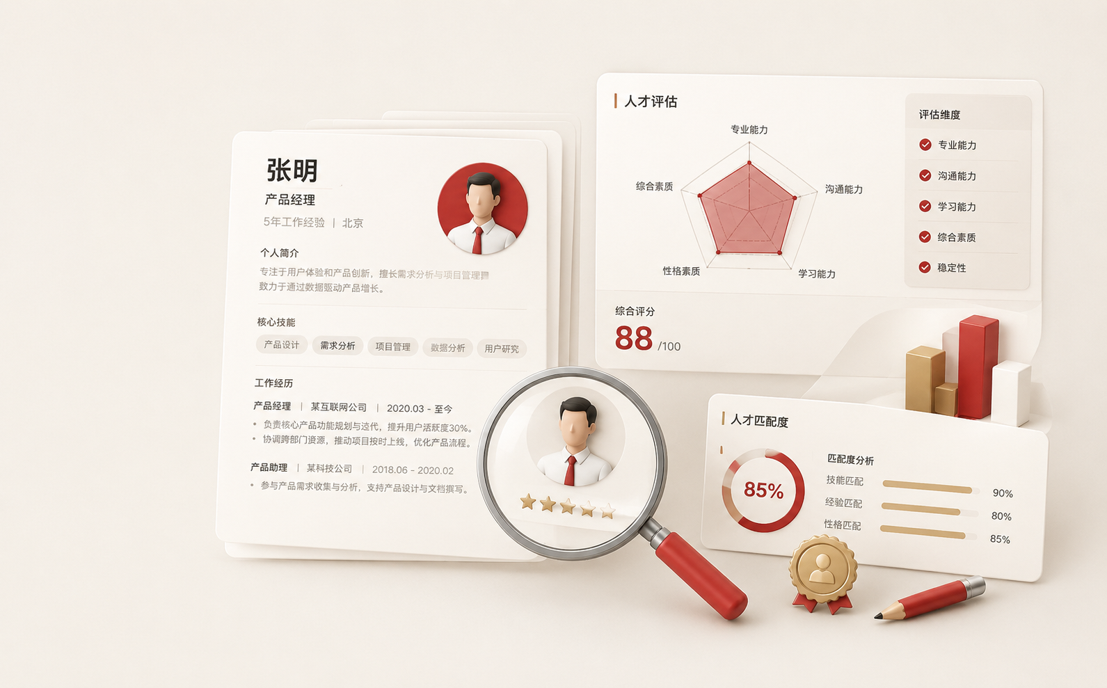 征聘网个人简历模板、经历证据与人才画像批注界面示意