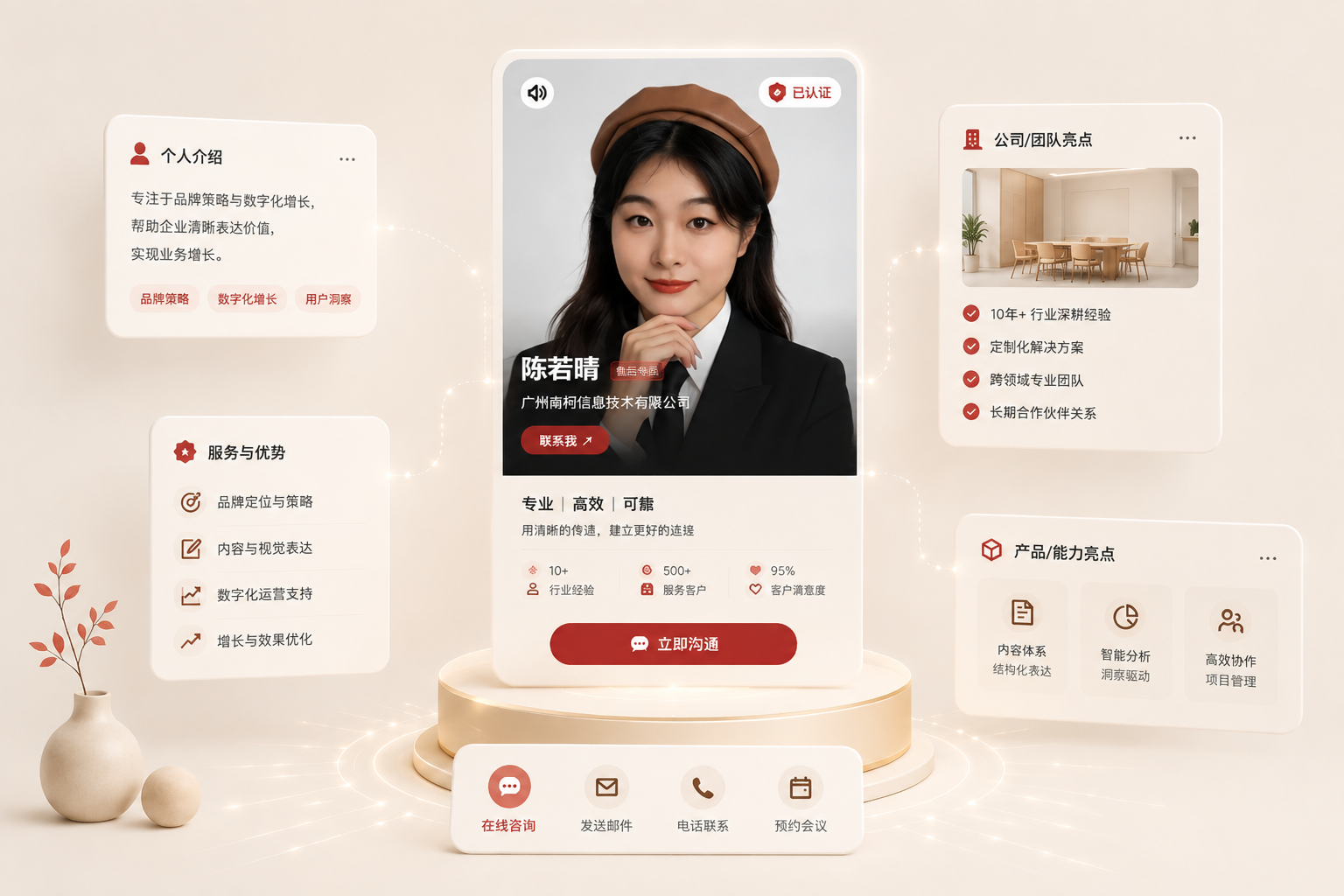 客脉圈 AI 分身的资料组织、模板切换与品牌定制界面示意